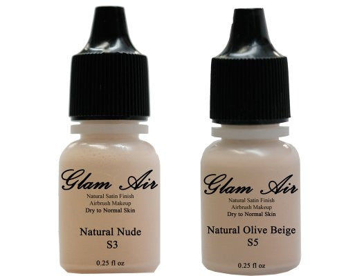 Airbrush Makeup Foundation Satin S3 Natural Nude and S5 Natural Olive Beige Water-based Makeup Lasting All Day 0.25 Oz Bottle By Glam Air