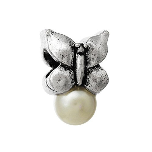 Butterfly w/ White Artificial Pearl Bead Compatible for Most European Snake Chain Bracelet