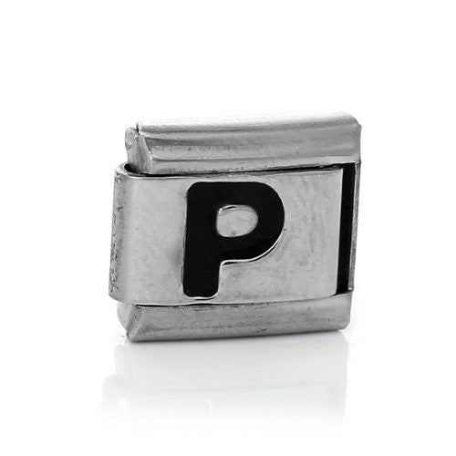 Italian Charm Bracelet Link Square Silver Tone Alphabet Letter (P)