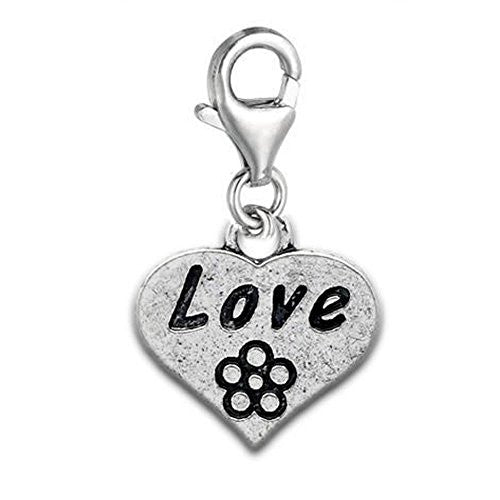 Clip on Love on Heart Dangle Charm Pendant for European Jewelry w/ Lobster Clasp