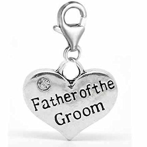 Clip on Wedding Father of the Groom Heart w/ Crystals Charm Dangle Pendant for European Clip on Charm Jewelry w/ Lobster Clasp - Sexy Sparkles Fashion Jewelry - 1