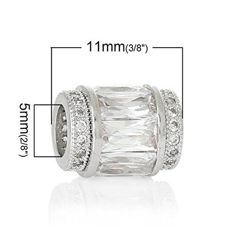 Copper European Charm Beads Cylinder Silver Tone Clear Cubic Zirconia - Sexy Sparkles Fashion Jewelry - 2