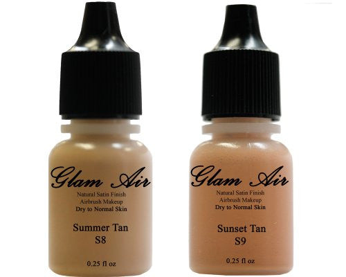 Two(2) Glam Air Airbrush Foundation Makeup S8 Summer Tan & S9 Sunset Tan in Satin Finish 0.25oz Bottles(normal to Dry Skin)