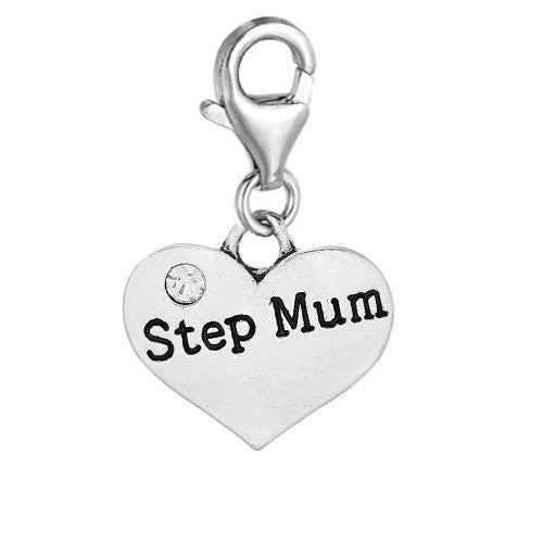 Heart Dangle 2 Sided Clear Rhinestones Pendant w/ Clear Crystal Dangle Charm Pendant w/ Lobster Clasp (Step Mum)