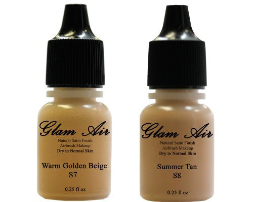 Airbrush Makeup Foundation Satin S7 Warm Golden Beige and S8 Summer Tan Water-based Makeup Lasting All Day 0.25 Oz Bottle By Glam Air