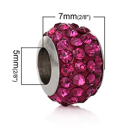 Stainless Steel European Style Charm Beads Round Silver Tone Fuchsia Rhinestone - Sexy Sparkles Fashion Jewelry - 2
