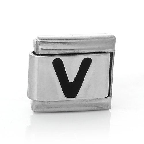 Italian Charm Bracelet Link Square Silver Tone Alphabet Letter (V)