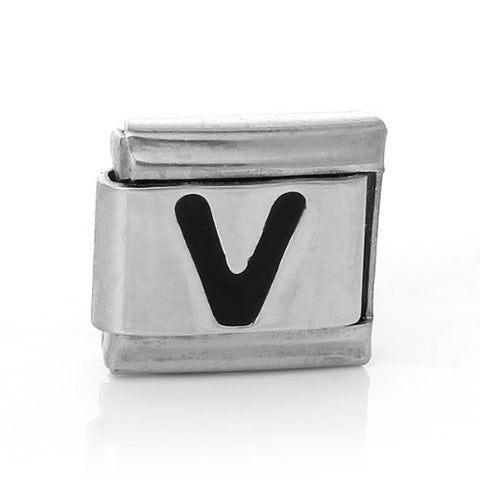Italian Charm Bracelet Link Square Silver Tone Alphabet Letter (V) - Sexy Sparkles Fashion Jewelry - 1