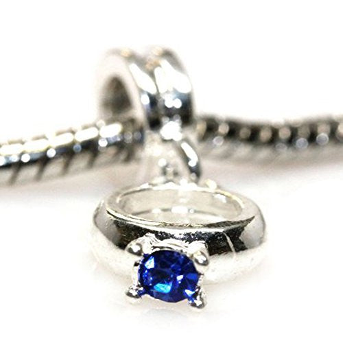 Blue  Rhinestone Engagement Ring Dangle European Bead Compatible for Most European Snake Chain Bracelets