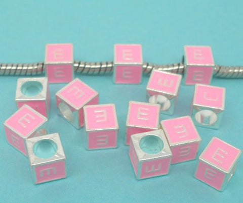 "E" Letter Square Charm Beads Pink Enamel European Bead Compatible for Most European Snake Chain Charm Braceletss - Sexy Sparkles Fashion Jewelry - 2