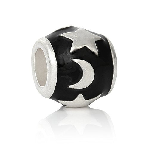 Stars and Moon Design on Black Enamel Charm European Bead Compatible for Most European Snake Chain Bracelet - Sexy Sparkles Fashion Jewelry - 1