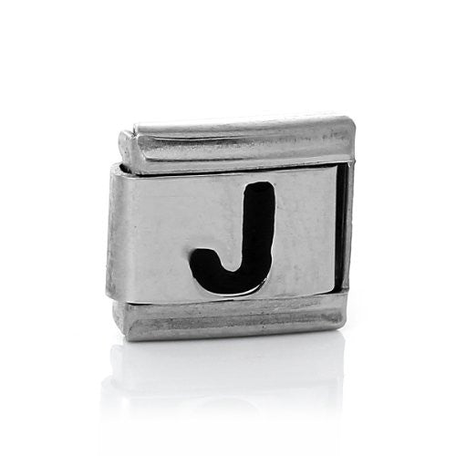 Italian Charm Bracelet Link Square Silver Tone Alphabet Letter (J)