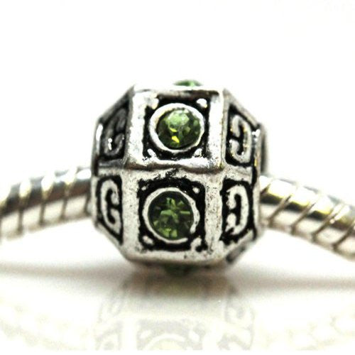 Spacer Charm with Green  Rhinestones European Bead Compatible for Most European Snake Chain Bracelet