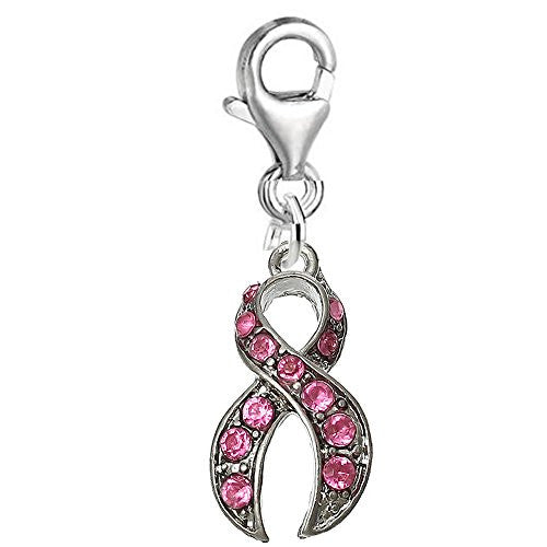 Awarness Ribbon with Pink  Crystals Clip on Charm for European Charm w/ Lobster Clasp