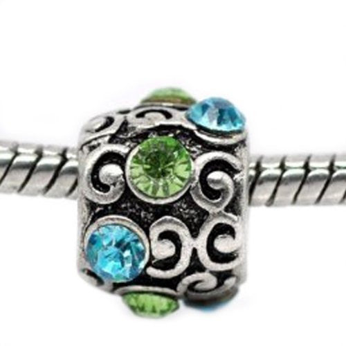 Green & Turquoise  Rhinestone Charm Spacer European Bead Compatible for Most European Snake Chain Bracelet
