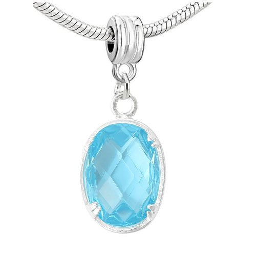 Oval Sparkly Cubic Zircon March Birthstone Dangling Charm European Bead Compatible for Most European Snake Chain Bracelet - Sexy Sparkles Fashion Jewelry