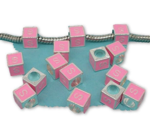 "S" Letter Square Charm Beads Pink Enamel European Bead Compatible for Most European Snake Chain Charm Bracelets - Sexy Sparkles Fashion Jewelry