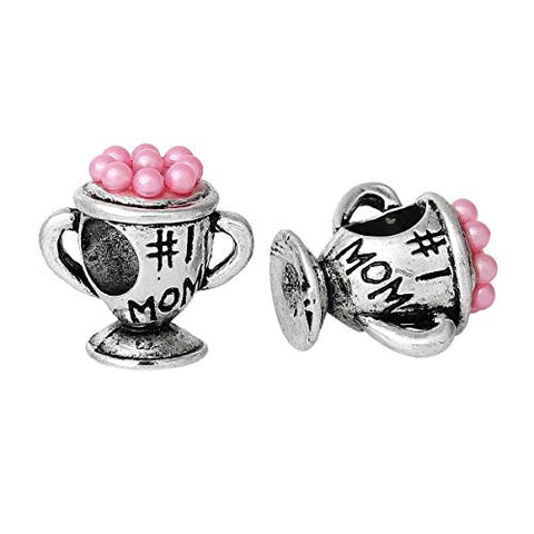 Mothers Day #1 Mom Trohy Charm With Pink Beads for snake chain charm Bracelet - Sexy Sparkles Fashion Jewelry - 2