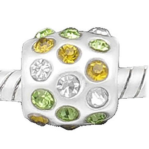 Light Green, Yellow W/clear Created Crystals Silver Tone European Bead Compatible for Most European Snake Chain Bracelet