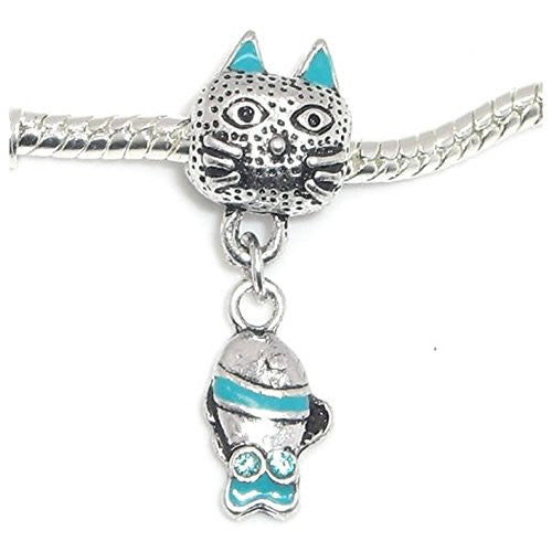 Blue Cat With Fish Bead Compatible for Most European Snake Chain Bracelet
