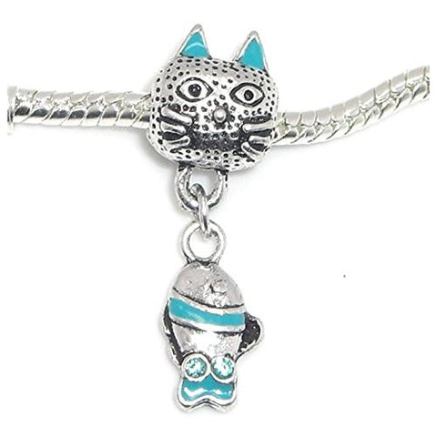 Blue Cat With Fish Bead Compatible for Most European Snake Chain Bracelet - Sexy Sparkles Fashion Jewelry - 1