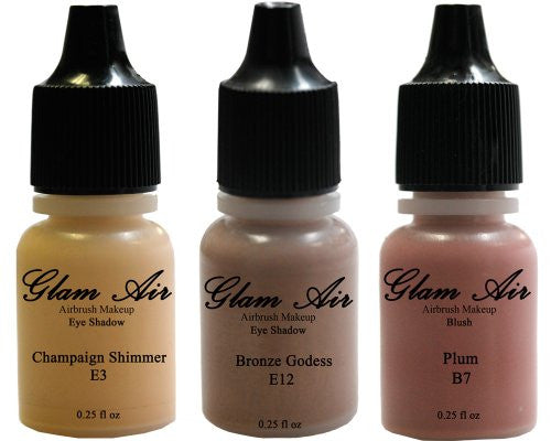 Glam Air Set of Three (3) s-E3Champaign Shimmer, E12Bronze Goddess,& B7Plum,   Airbrush Water-based 0.25 Fl. Oz. Bottles of Eyeshadow Bronze Goddess, Champaign Shimmer, Plum