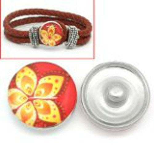 Red & Yellow Flower Design Glass Chunk Charm Button Fits Chunk Bracelet 18mm for Noosa Style Bracelet