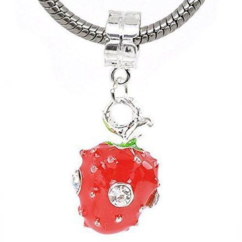 Strawberry with Clear  Crystals Dangle European Bead Compatible for Most European Snake Chain Bracelet