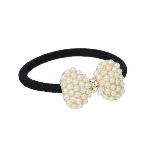Nylon Cirlce Ring Hair Band Ponytail Holder Black Acrylic Imitation Pearl Choose Your Style From Menu (Bowknot B) - Sexy Sparkles Fashion Jewelry - 1