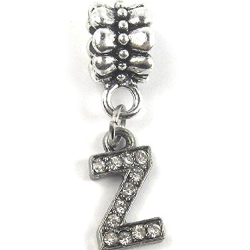 "Z" Letter Dangle Charm Beads with Crystals for Snake Chain Charm Bracelet