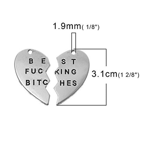 Silver tone BFF Best Bitches Split Heart Pendant for Necklace - Sexy Sparkles Fashion Jewelry - 2