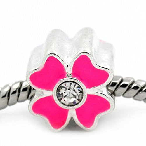 2 Sided Enamel Flower with Diamond Crystals Charm Bead (Pink)