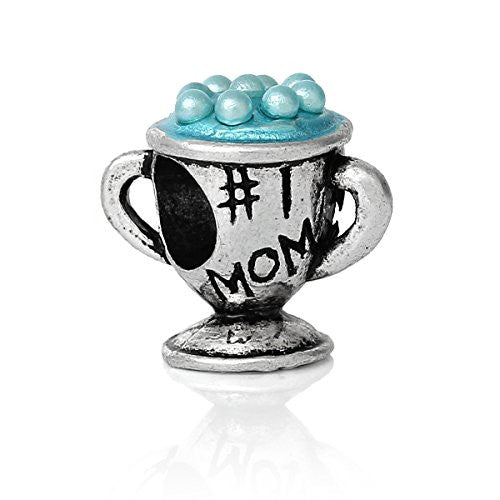 Mothers Day #1 Mom Trohy Charm With Blue Beads for snake chain charm Bracelet