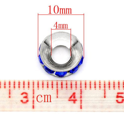 Silver Tone Royal Blue Rhinestone Rondelle Spacer Beads Fit European Bracelet - Sexy Sparkles Fashion Jewelry - 3