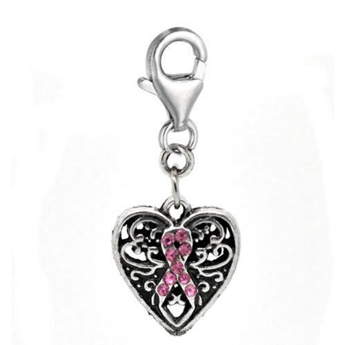 Clip on Pink Ribbon Awareness Heart Charm Pendant for European Jewelry w/ Lobster Clasp - Sexy Sparkles Fashion Jewelry