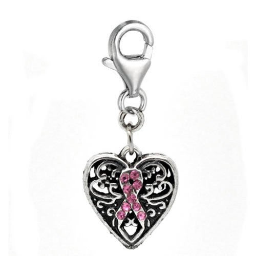 Clip on Pink Ribbon Awareness Heart Charm Pendant for European Jewelry w/ Lobster Clasp