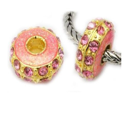 Two (2) Pink on Gold Tone Charm Beads for Snake Chain Charm Bracelet - Sexy Sparkles Fashion Jewelry