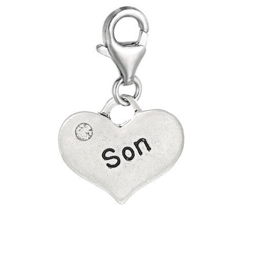 Heart Dangle 2 Sided Clear Rhinestones Pendant w/ Clear Crystal Dangle Charm Pendant w/ Lobster Clasp (Son) - Sexy Sparkles Fashion Jewelry
