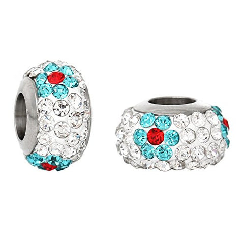 Stainless Steel European Style Charm Beads Round Silver Tone With lt Blue & Clear Rhinestone - Sexy Sparkles Fashion Jewelry - 2