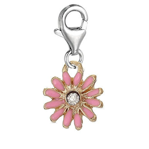 Clip on Pink Daisy Flower Silver Tone Charm Pendant for European Jewelry w/ Lobster Clasp