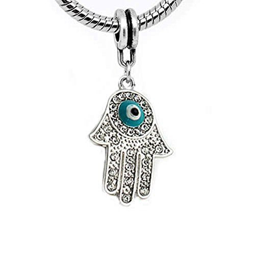 Hamsa w/ Blue Eye &  Crystals Dangle Charm European Bead Compatible for Most European Snake Chain Bracelet - Sexy Sparkles Fashion Jewelry