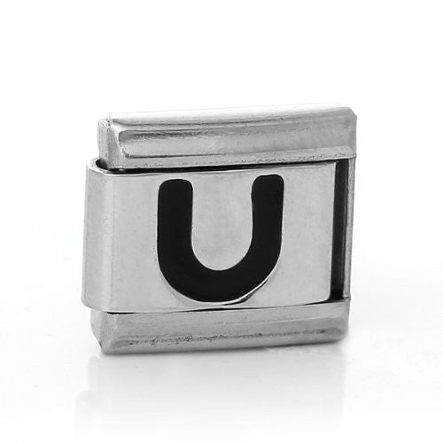 Italian Charm Bracelet Link Square Silver Tone Alphabet Letter (U)