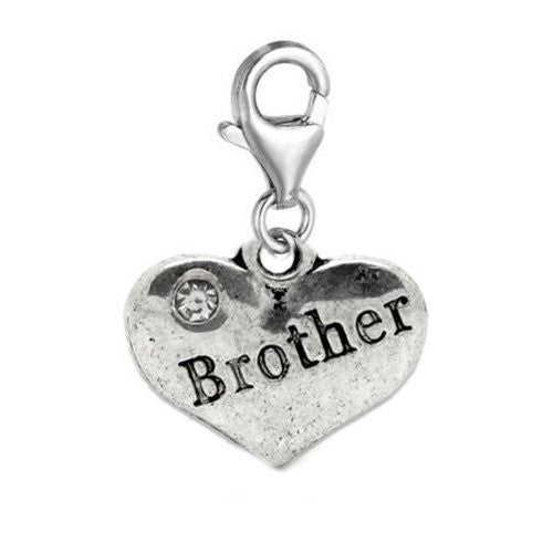 Clip on Brother on Heart W/ Clear Crystals Charm Pendant for European Jewelry w/ Lobster Clasp - Sexy Sparkles Fashion Jewelry