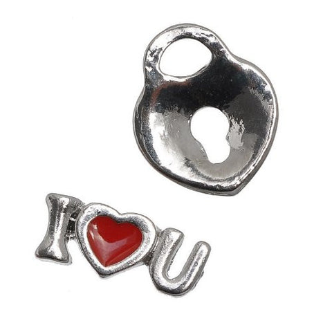 Set of 5 Floating Locket Charms (I Love You,heart Lock,lip/kiss,awareness Ribbon & Glass Drink) - Sexy Sparkles Fashion Jewelry - 2