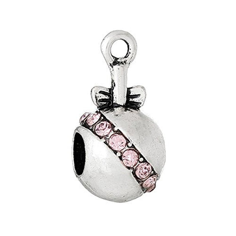 Pnk Baby Rattle w/ Bow and Created Crystals Charm Bead - Sexy Sparkles Fashion Jewelry - 1