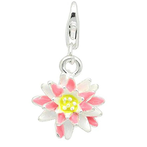 Pink and Yellow Flower Clip On For Bracelet Charm Pendant for European Charm Jewelry w/ Lobster Clasp