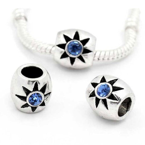 European Charm Beads Column Antique Silver Flower Carved W/Light Blue Rhinestone - Sexy Sparkles Fashion Jewelry - 3