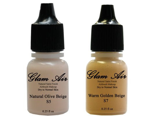 Airbrush Makeup Foundation Satin S5 Natural Olive Beige and S7 Warm Golden Beige Water-based Makeup Lasting All Day 0.25 Oz Bottle By Glam Air