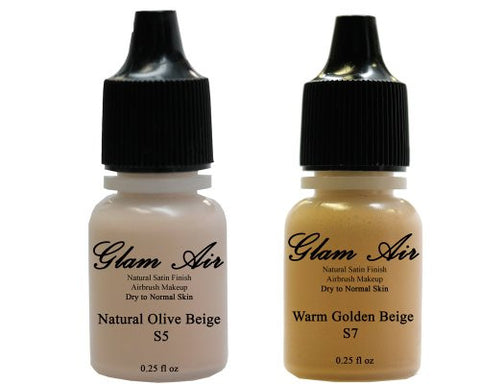 Airbrush Makeup Foundation Satin S5 Natural Olive Beige and S7 Warm Golden Beige Water-based Makeup Lasting All Day 0.25 Oz Bottle By Glam Air - Sexy Sparkles Fashion Jewelry - 1