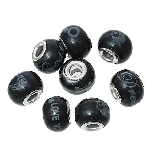 10 Pcs Random Black and Silver Plated Selected Murano Beads For Snake Chain Charm Bracelet
